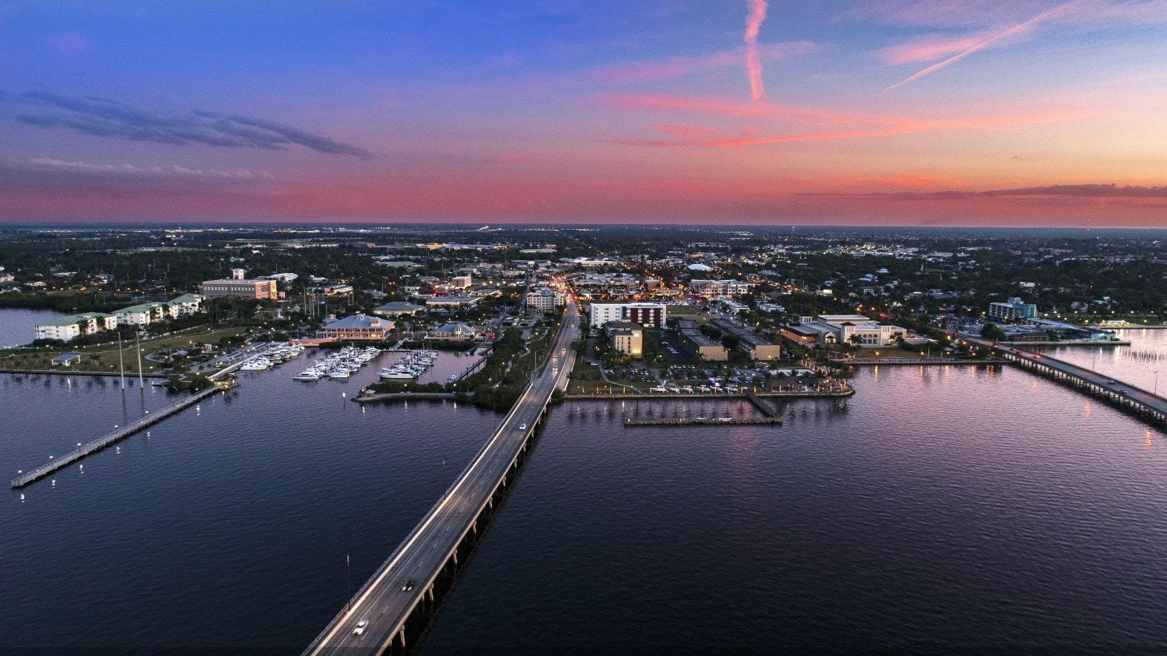 Sunset over waterfront real estate in Punta Gorda, Florida
