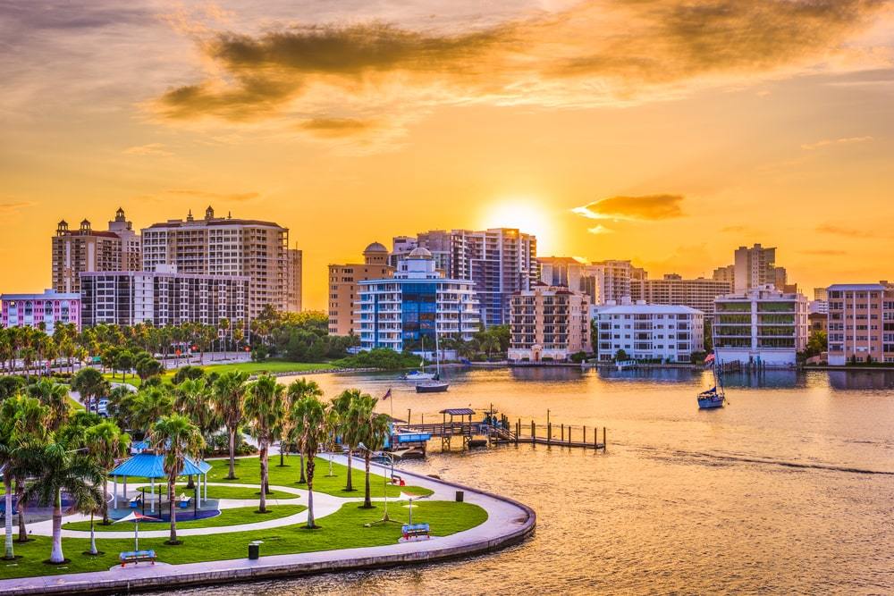 Sunset over waterfront real estate in Sarasota, Florida