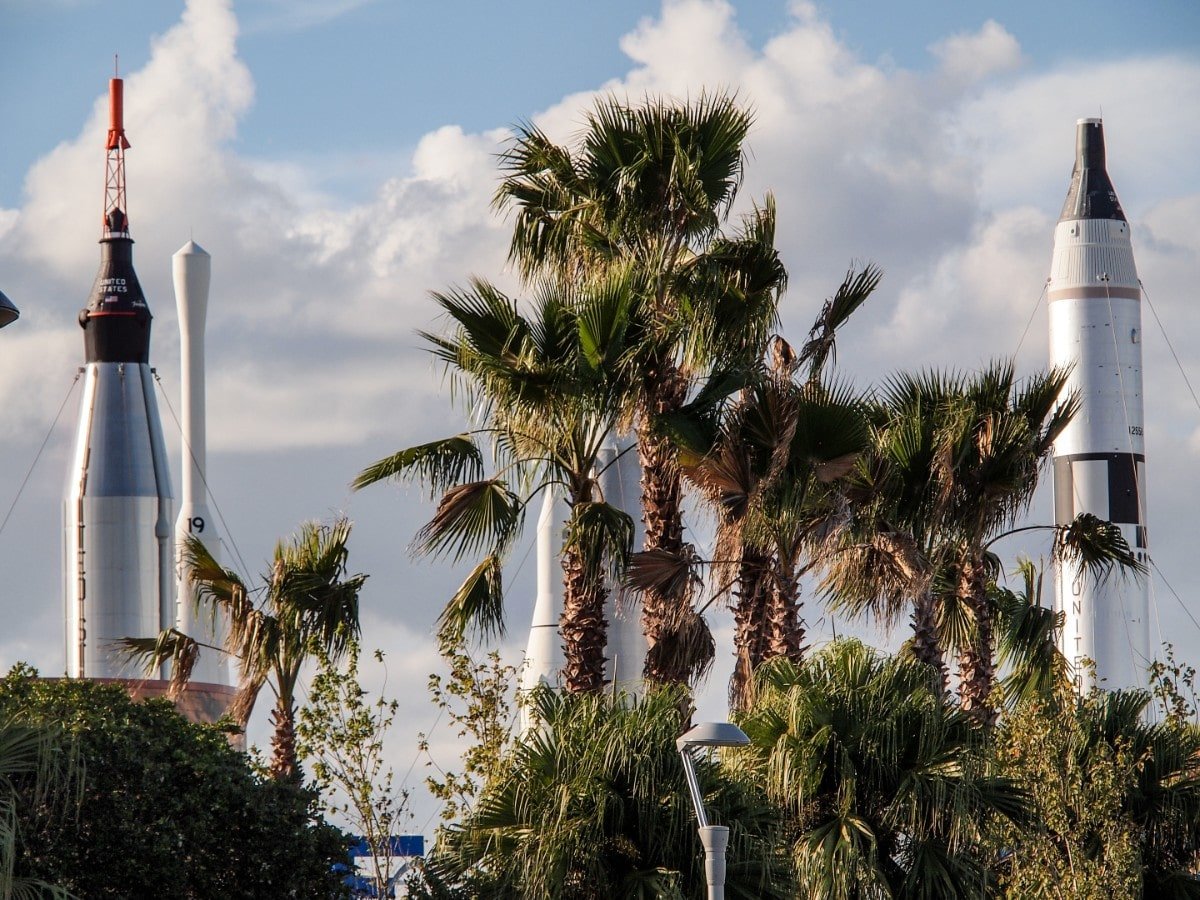 Rocket Garden surrounded by palm trees at Cape Canaveral, Florida 