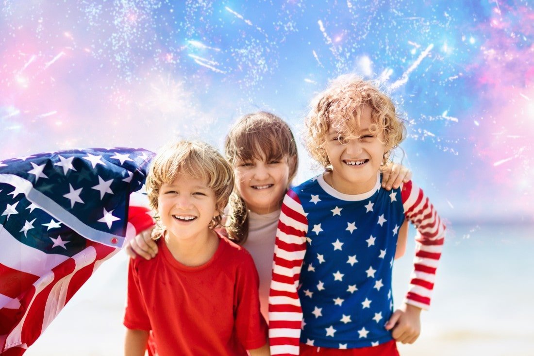 Kids with patriotic outfits and American Flag for Independence Day in Florida