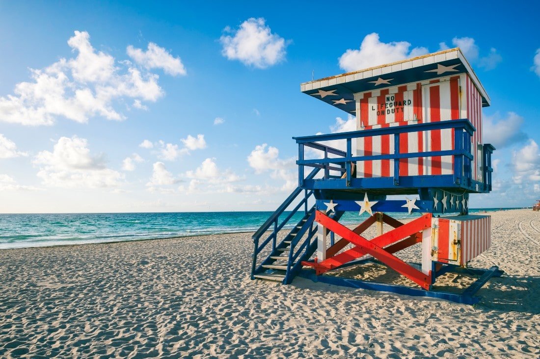 Patriotic lifeguard station on a Florida beach