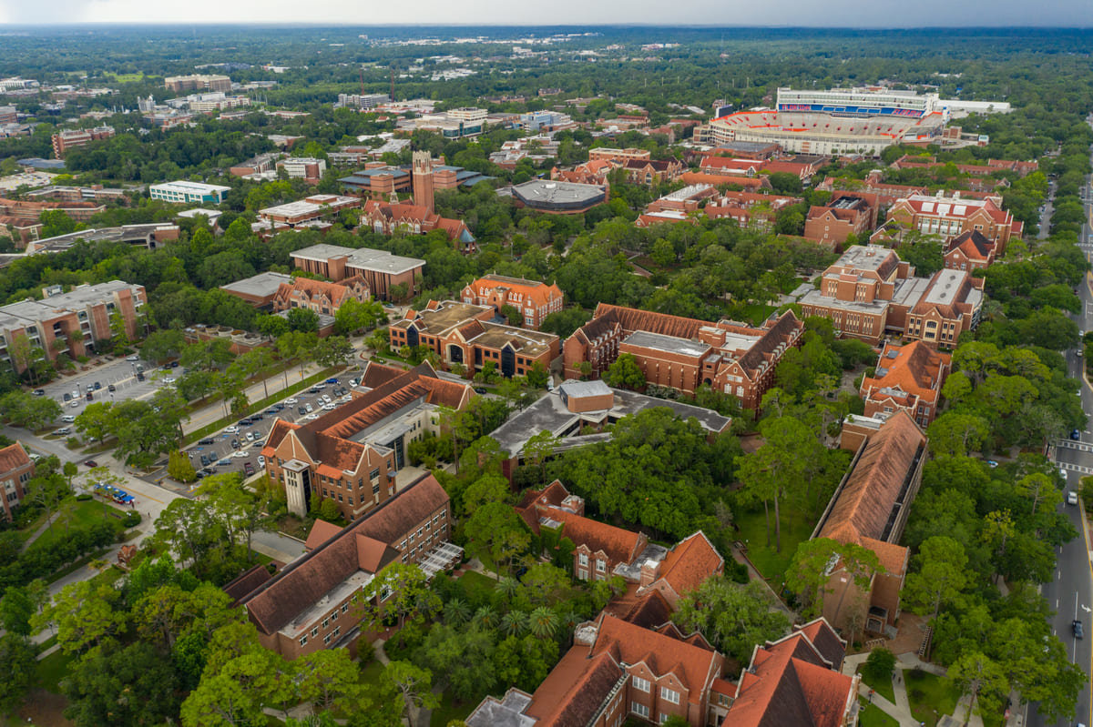 An aerial view of Gainesville, FL during the day.