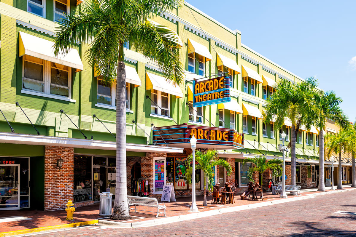 Colorful row of shops in Fort Myers, FL