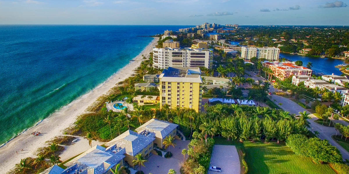 An aerial shot of Naples, FL during the day.