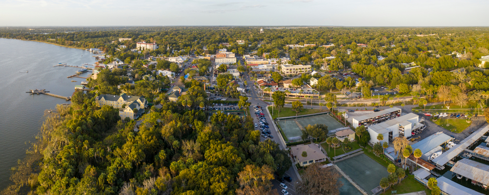 Aerial view of Mount Dora real estate amid trees and next to the water